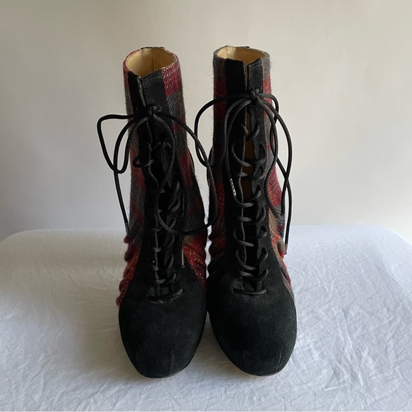 L.A.M.B. Stilleto booties heels plaid lamb sz 9 women’s red gray euc laceup heel - Picture 3 of 10